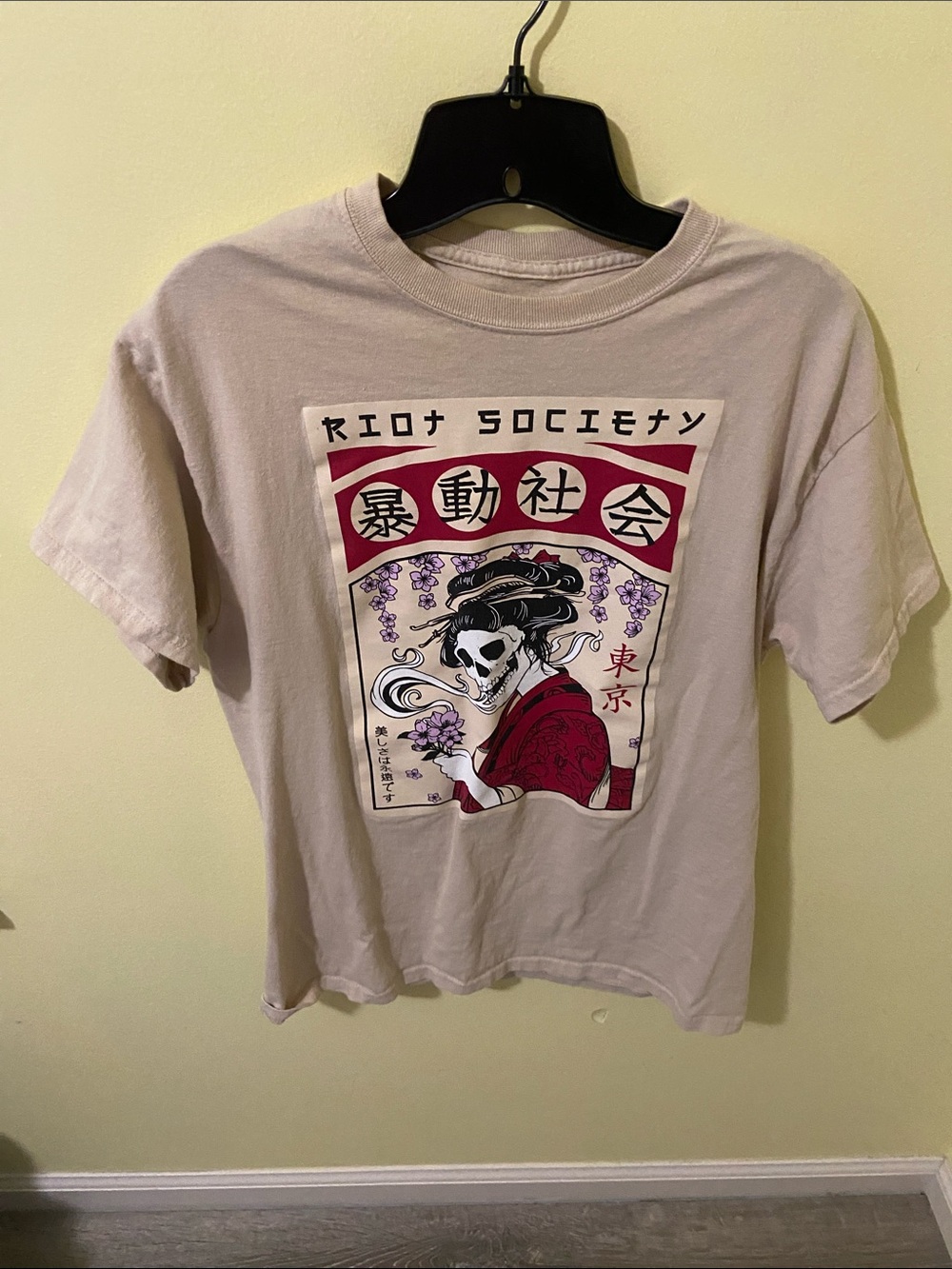 Riot Society Graphic Skull Geisha Tee in Light Beige with Burgundy Print